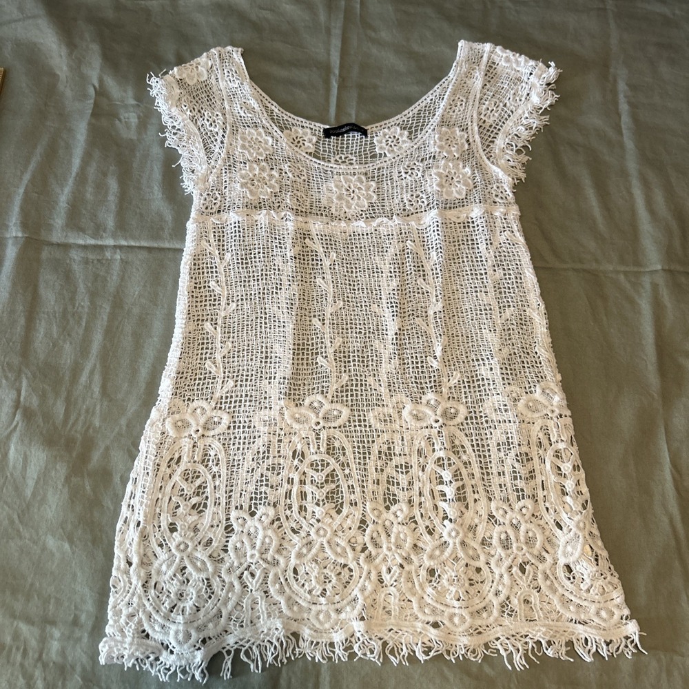 You Are Not Alone White Crochet Scalloped Sleeve Boho Sweater Womens Medium